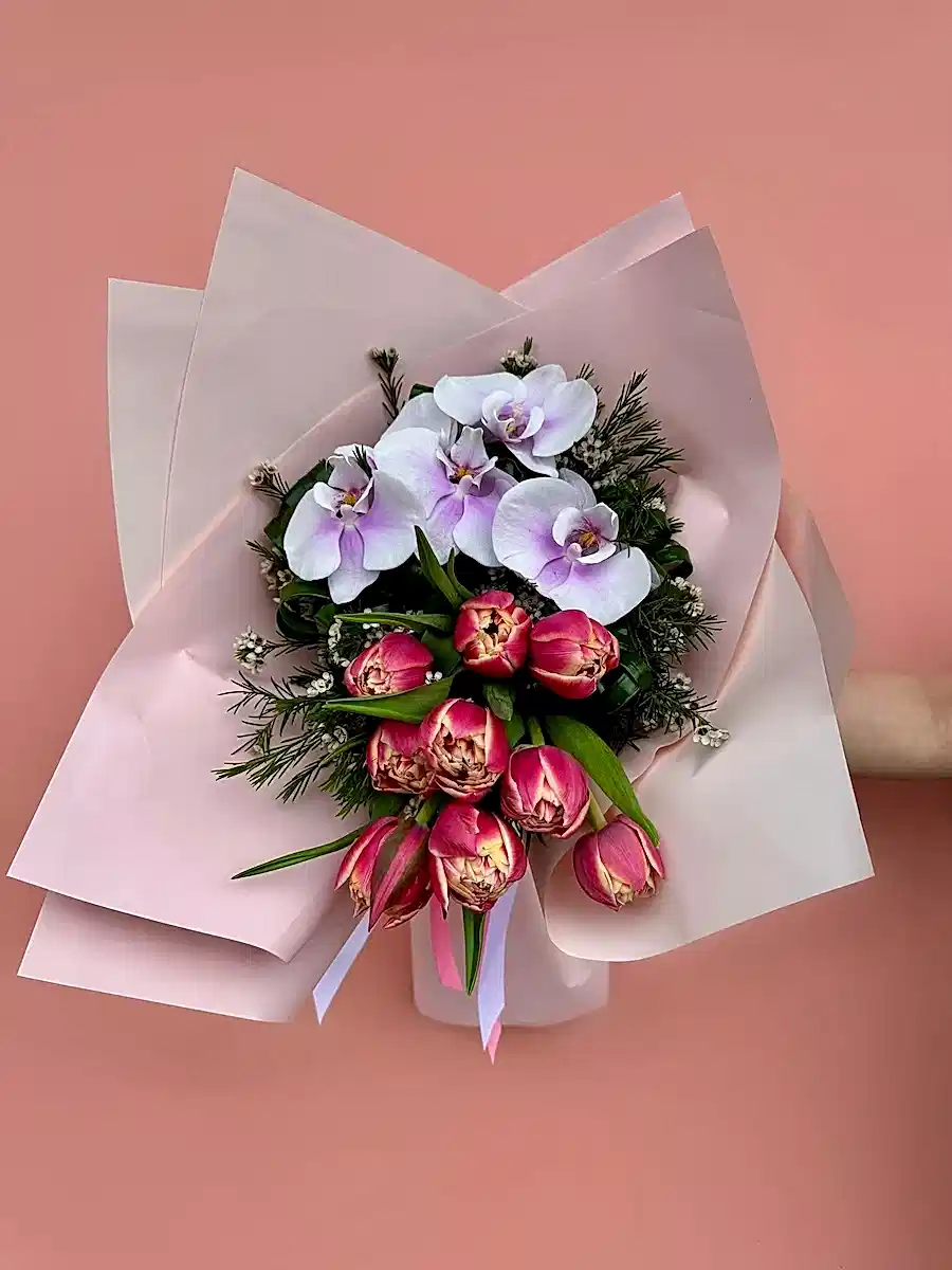 Mini Katmerli Pembe Lale Buketi & Orkide